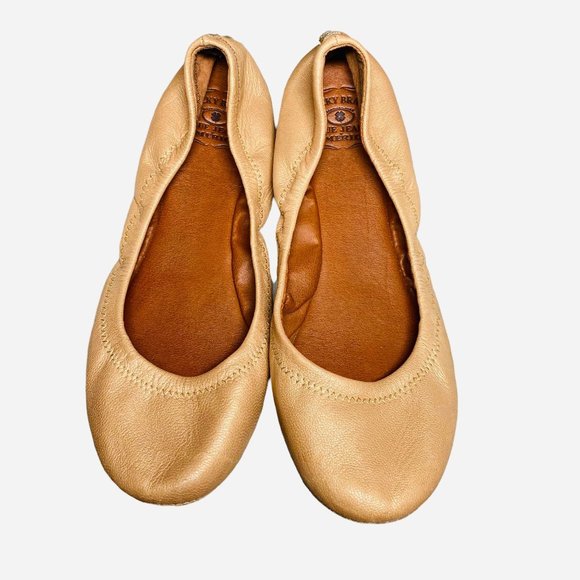 LUCKY BRAND 6.5 M Leather Emmie Ballet Flats Pearl Shimmer Golden Slip On Shoes - Picture 2 of 7